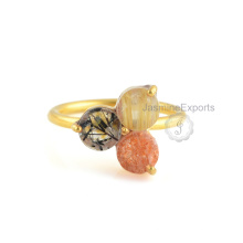 Schwarzer Rutil, Goldener Rutil, Sunstone Multi Edelstein Ring, 18k Gold Ringe